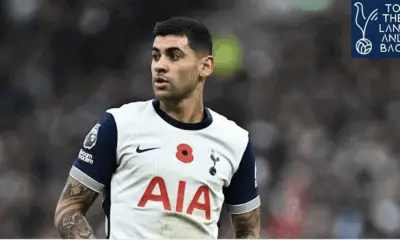 Cristian Romero in Tottenham white, with an Atlético Madrid red and white backdrop, symbolizing his potential transfer target status